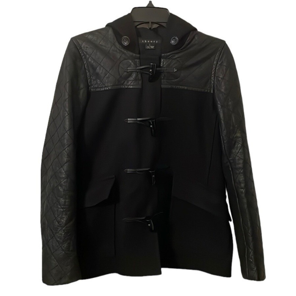 Theory Women's Black Marimba Raw Edge Wool Lamb Leather Hooded Coat Size SP